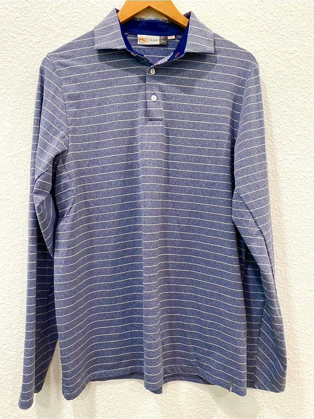 KJUS Polo Shirt Men’s Large Long Sleeve Blue White Comfort Fit UPF 50+ Golf